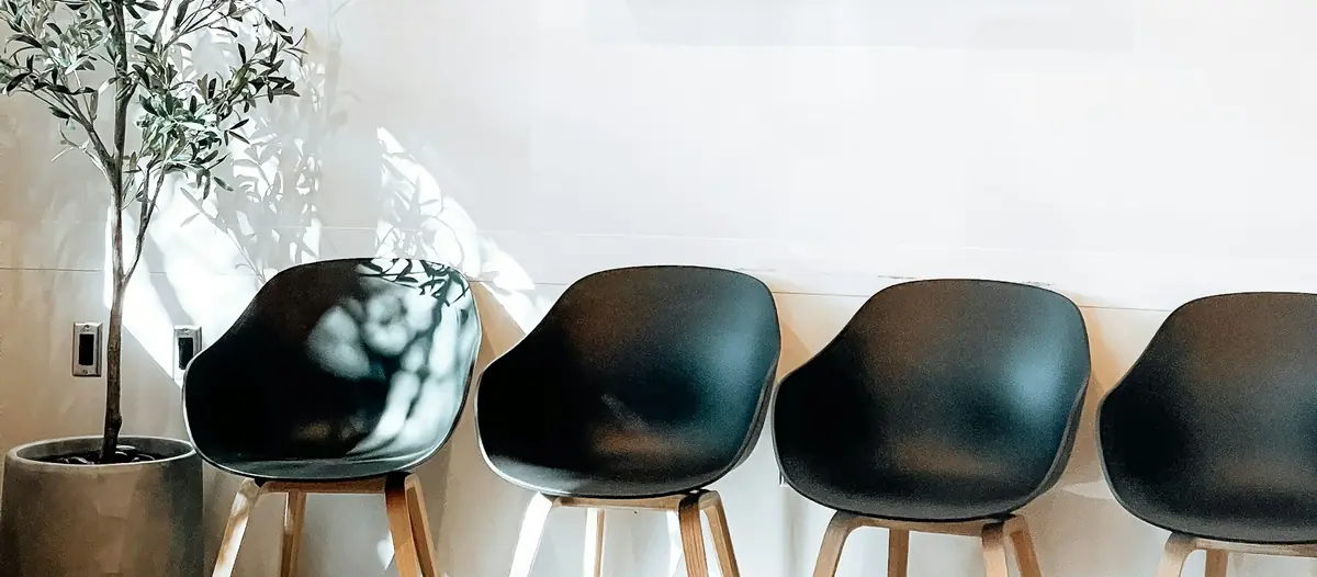 Cadeiras de uma sala de espera ao lado de uma árvore em vaso